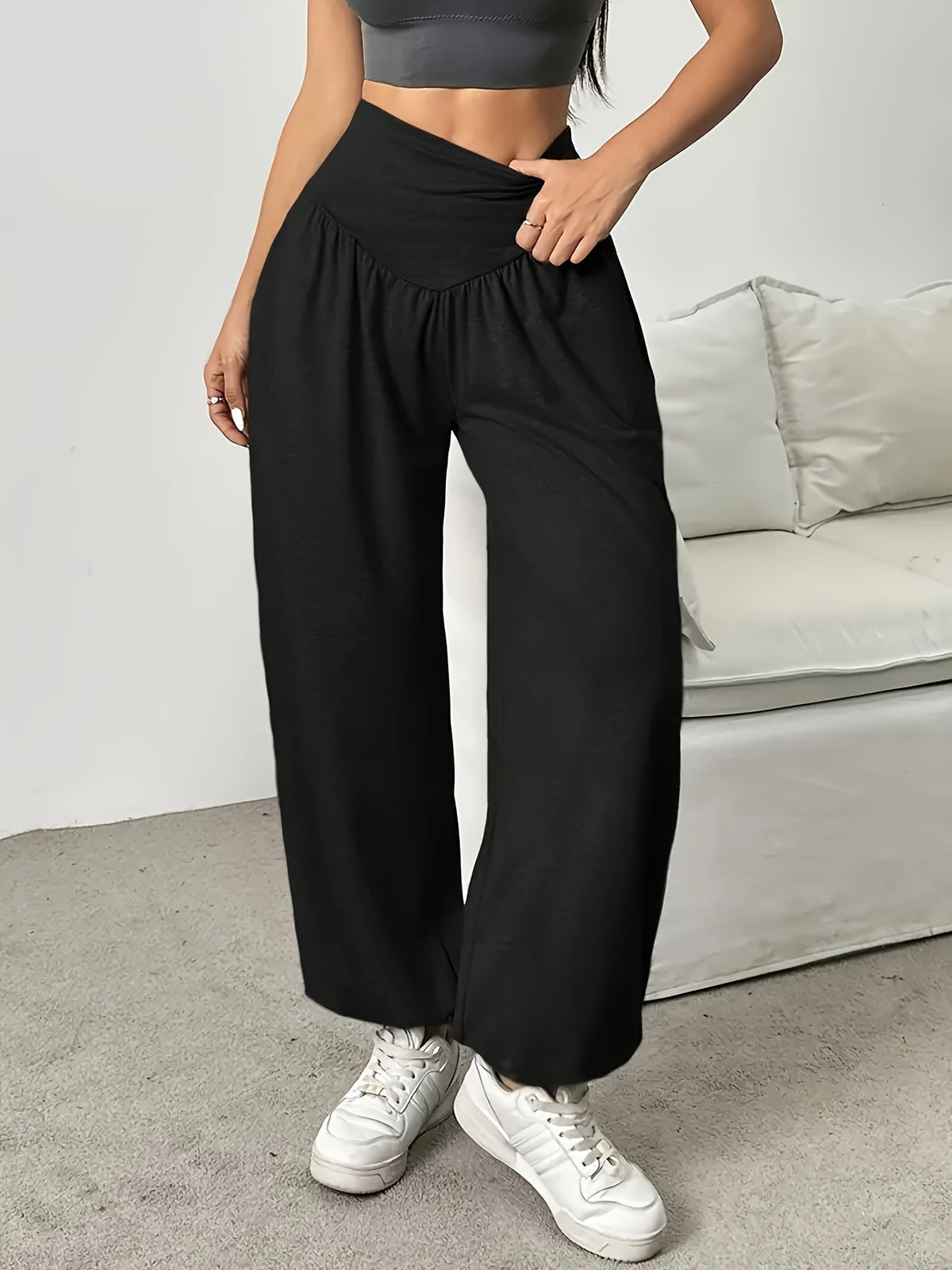 High-Waist Wide-Leg Lounge Trousers Women's Grey with Pockets – Casual, Home Comfort