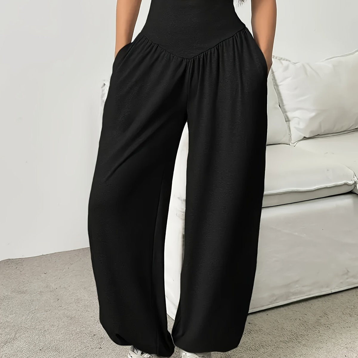 High-Waist Wide-Leg Lounge Trousers Women's Grey with Pockets – Casual, Home Comfort