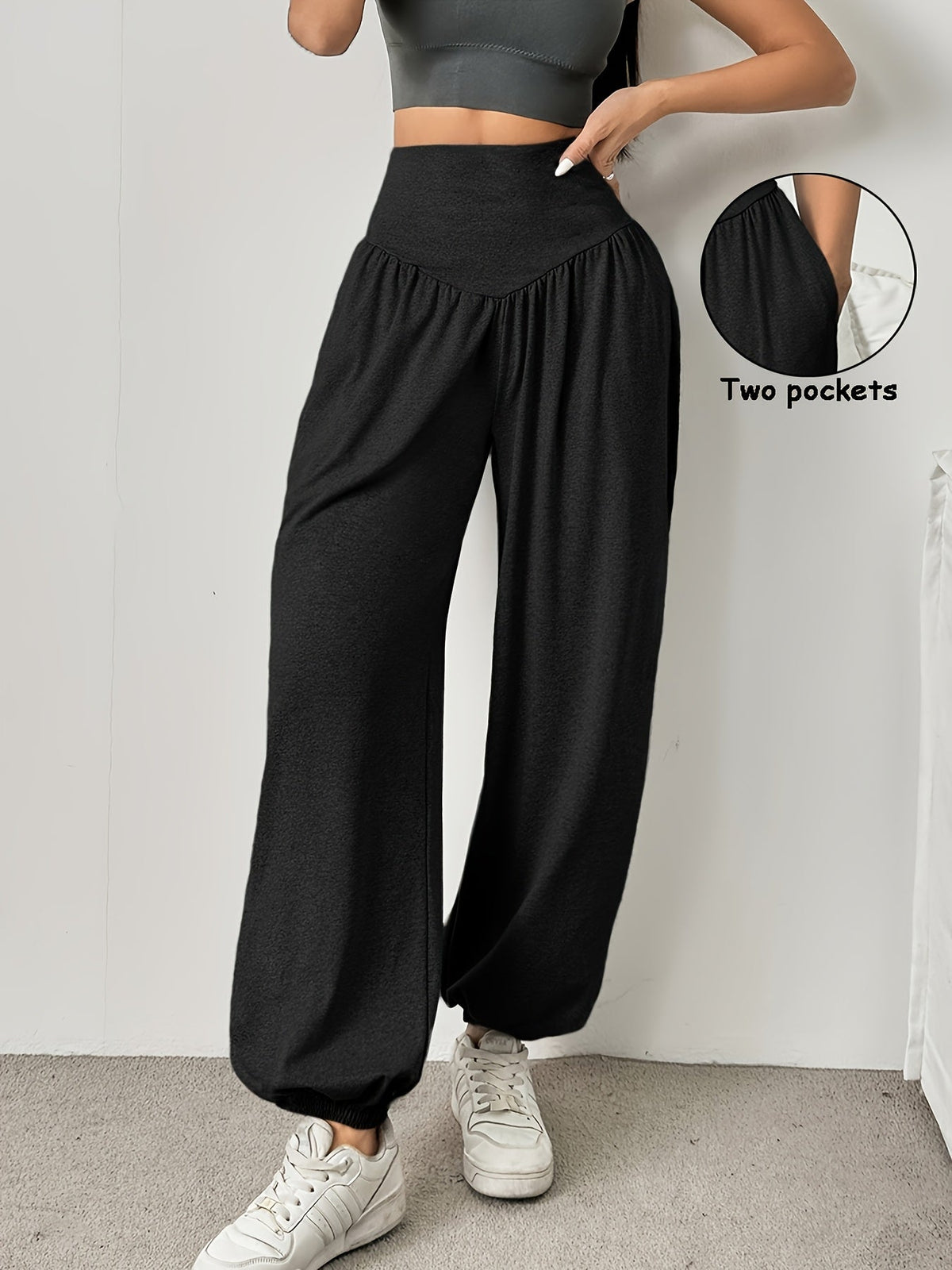 High-Waist Wide-Leg Lounge Trousers Women's Grey with Pockets – Casual, Home Comfort