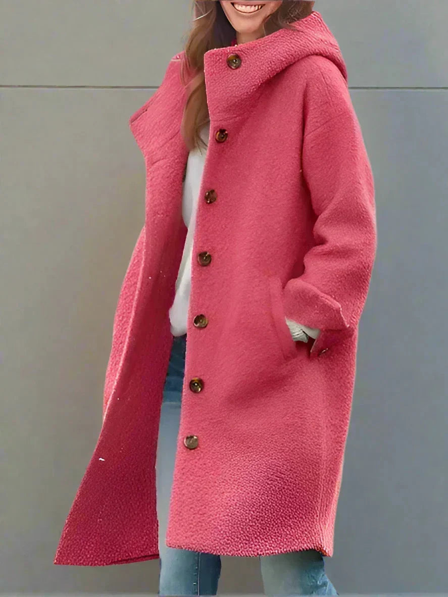Pink Hooded Long Coat Women's Button-Front Longline Jacket – Casual, Office