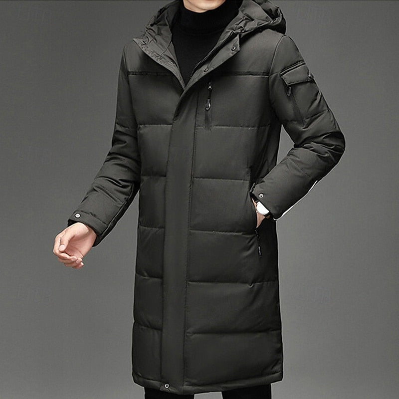 Hooded Long Puffer Coat Men's Zip-Up Padded Jacket – Casual, Cold Weather Outdoor
