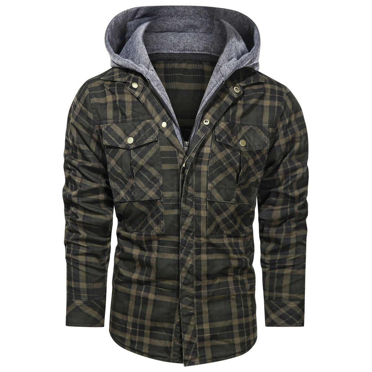 Hooded Plaid Jacket Men's Red Brown Flannel – Casual, Outdoor