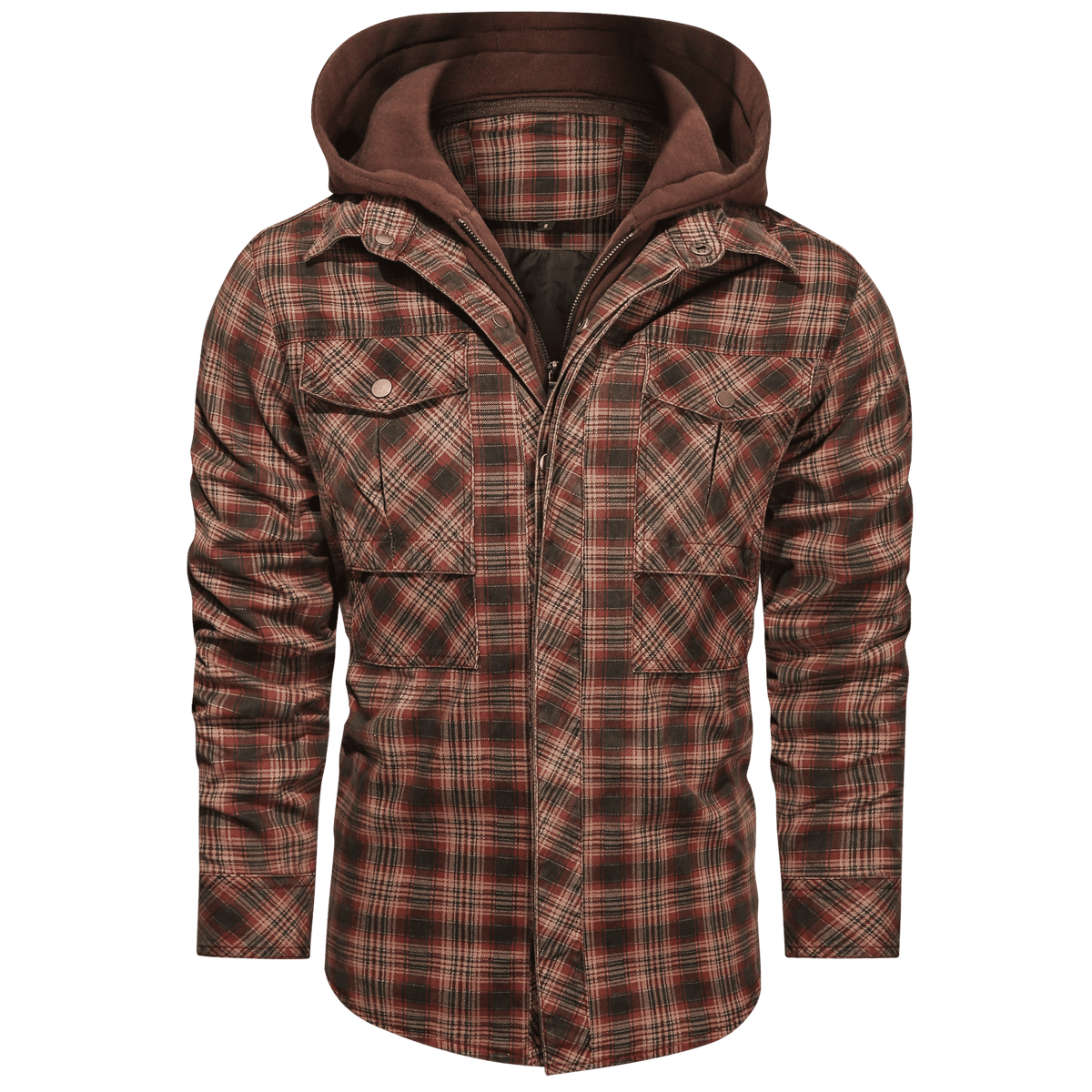 Hooded Plaid Jacket Men's Red Brown Flannel – Casual, Outdoor