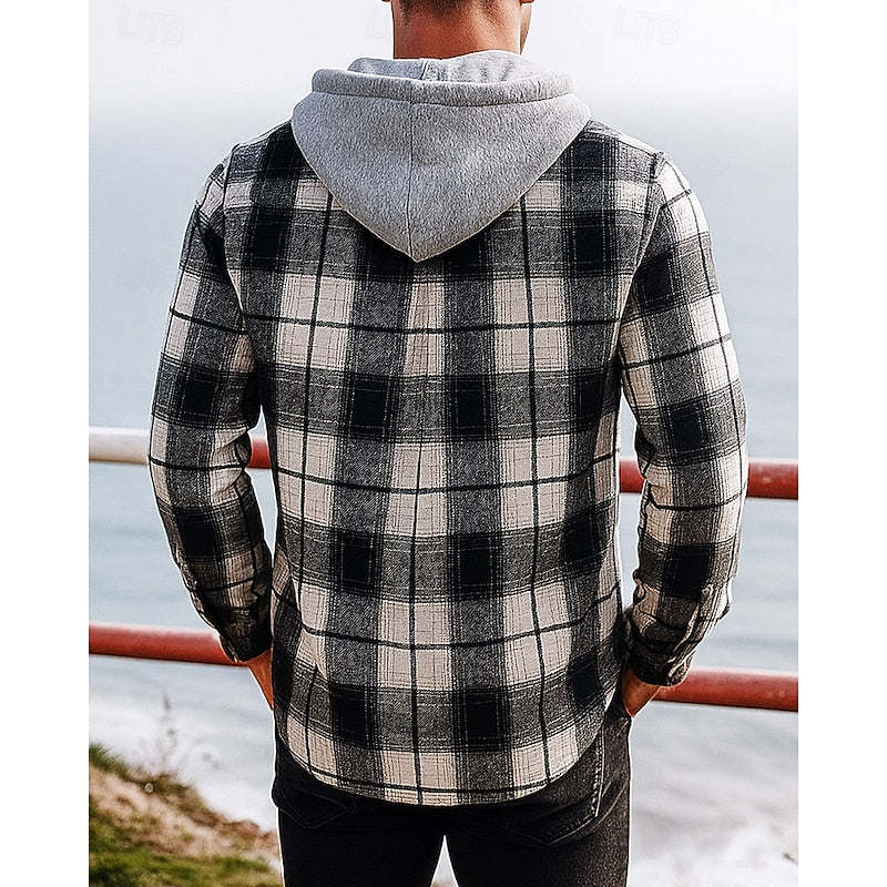 Hooded Plaid Shirt Jacket Men's Black Flannel – Casual, Office
