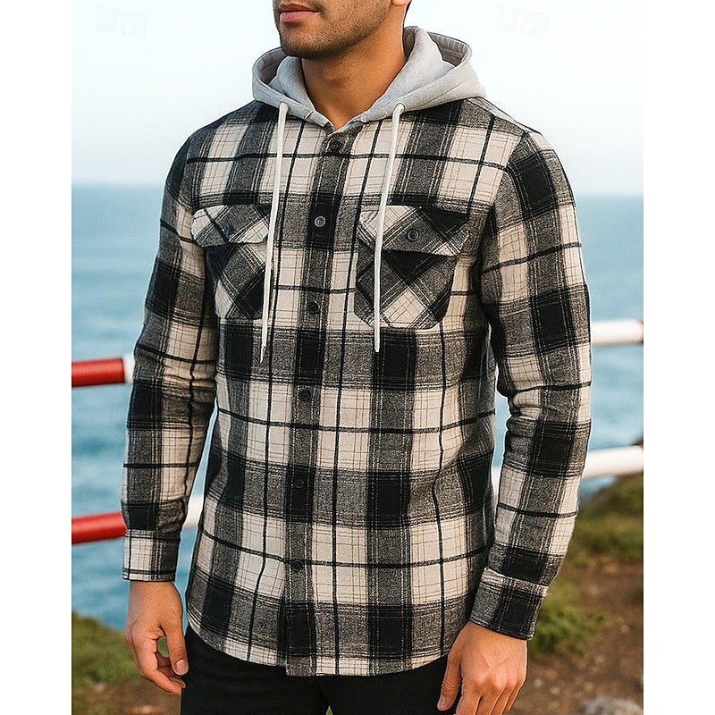 Hooded Plaid Shirt Jacket Men's Black Flannel – Casual, Office