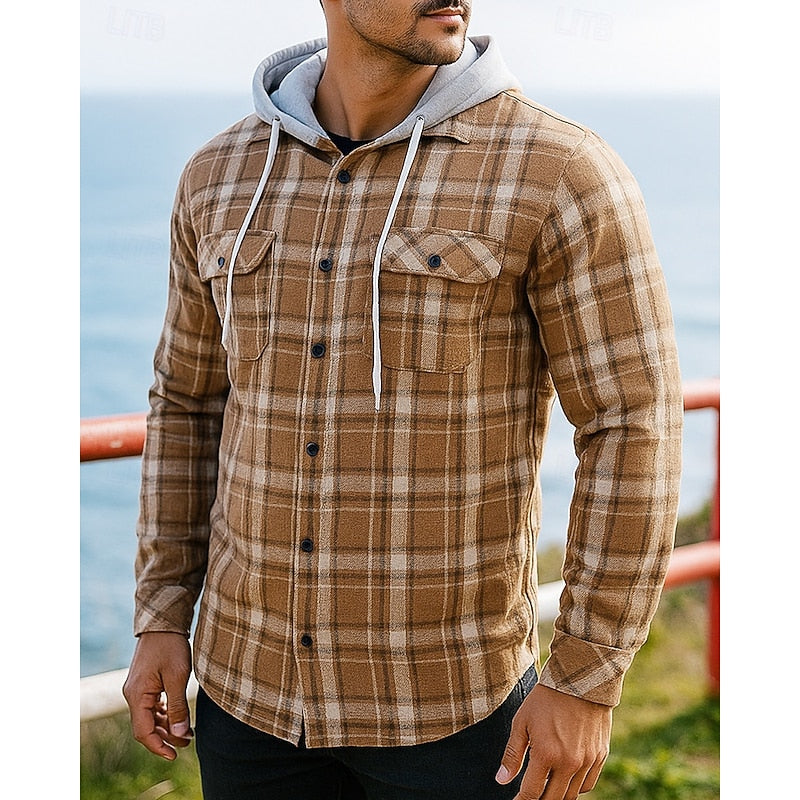 Hooded Plaid Shirt Jacket Men's Black Flannel – Casual, Office