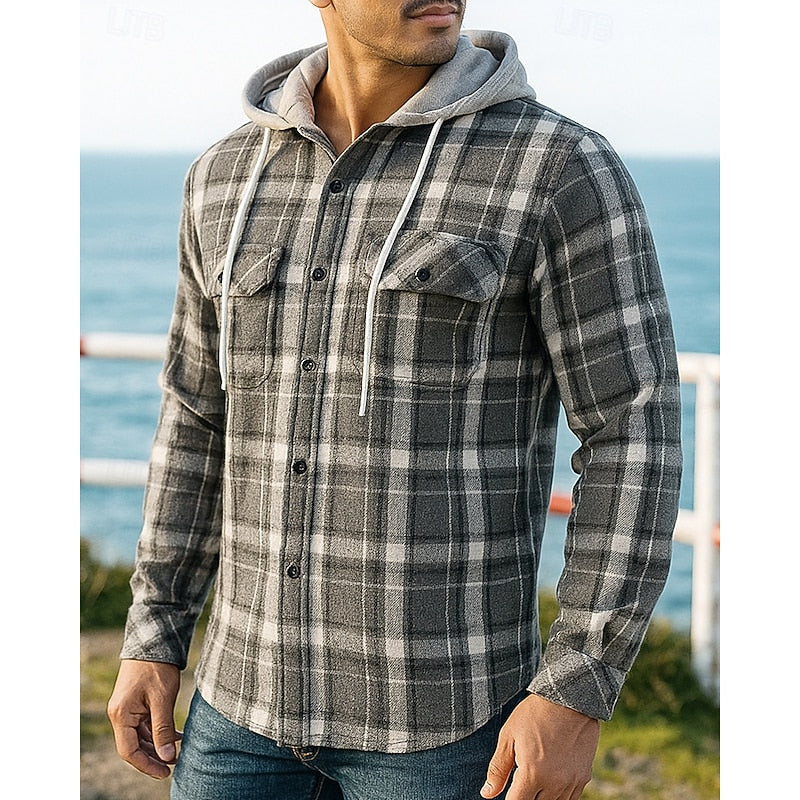 Hooded Plaid Shirt Jacket Men's Black Flannel – Casual, Office