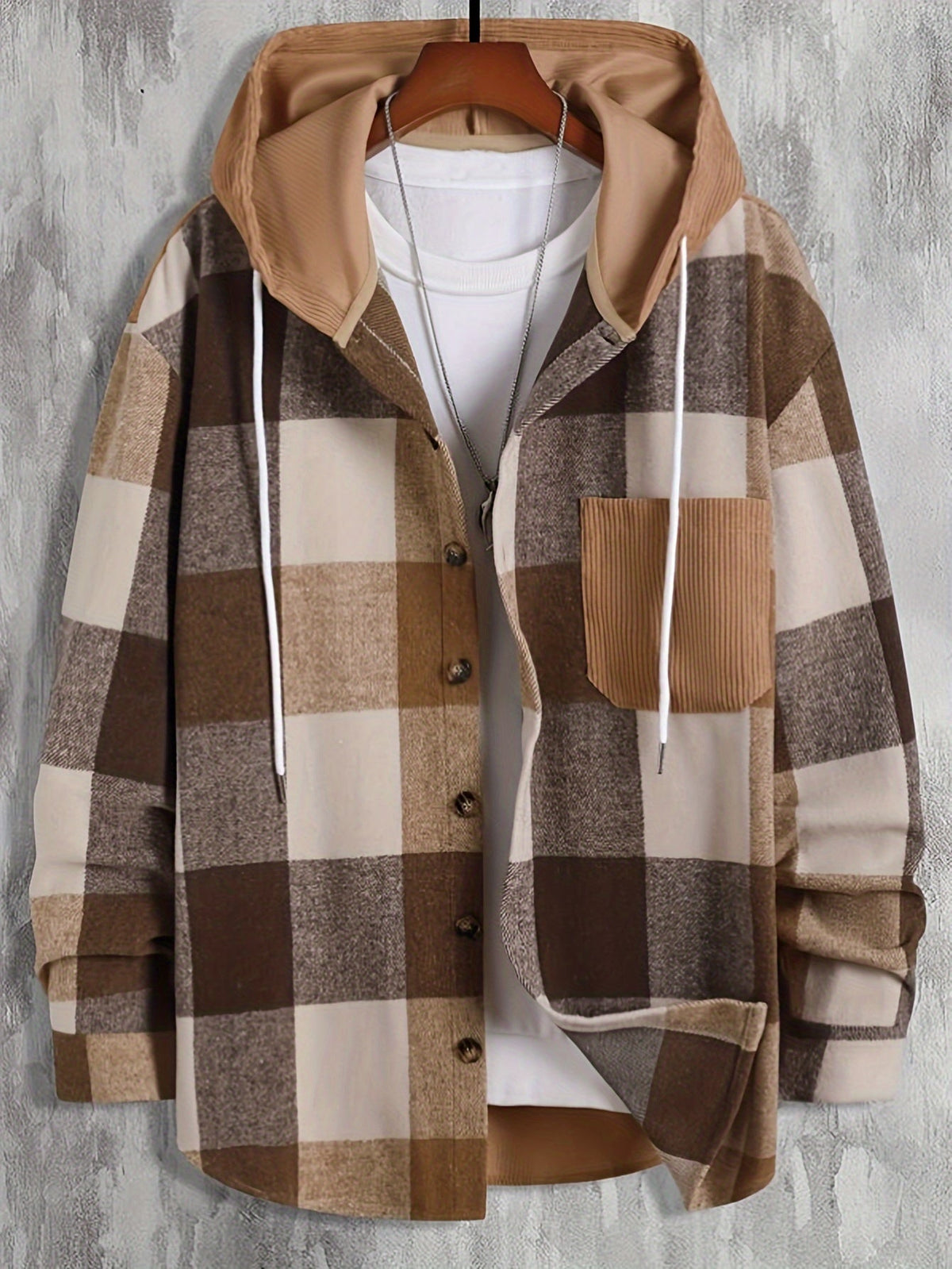 Hooded Plaid Shirt Jacket Men's Corduroy – Casual Layering, Fall Gift