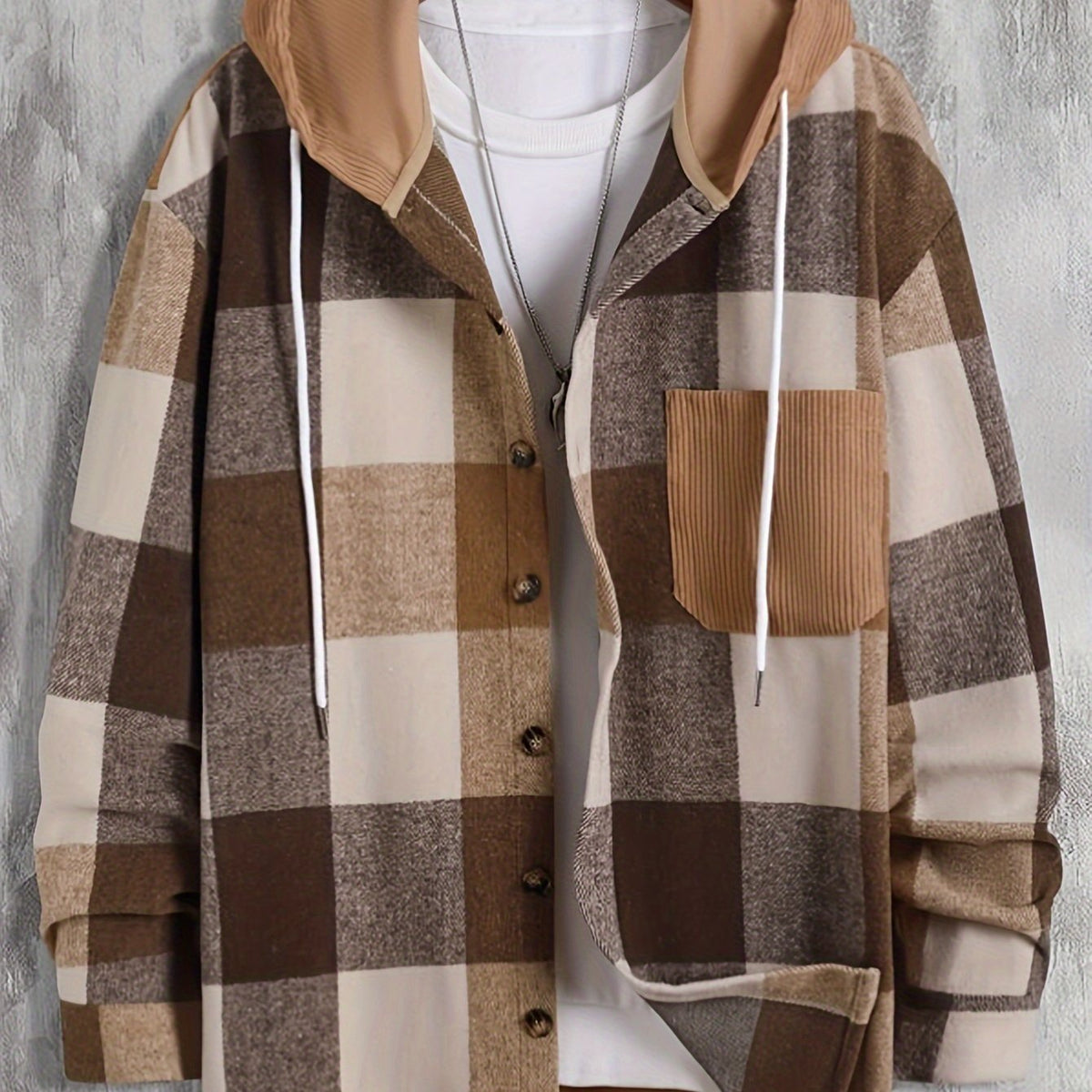 Hooded Plaid Shirt Jacket Men's Corduroy – Casual Layering, Fall Gift