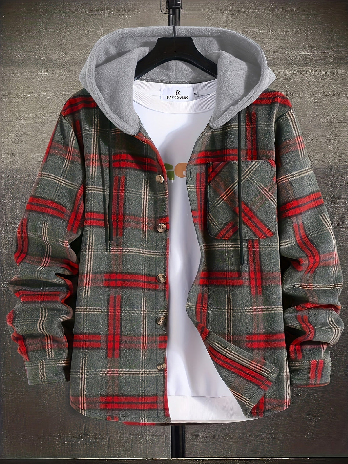 Hooded Plaid Shirt Jacket Men's Gray Orange – Casual Layering, Fall Gift