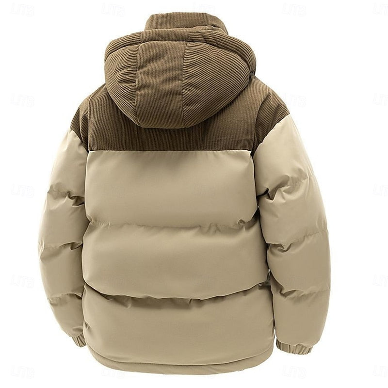 Hooded Puffer Jacket Men's Corduroy Collar Zip-Up – Casual, Holiday Gift