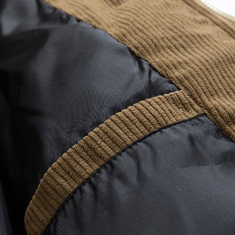 Hooded Puffer Jacket Men's Corduroy Collar Zip-Up – Casual, Holiday Gift