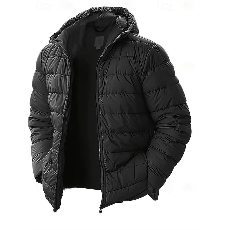 Hooded Puffer Jacket Men's Black Quilted Zip-Up Coat – Casual, Winter Outerwear