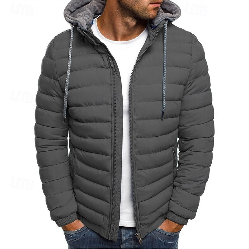 Hooded Puffer Jacket Men's Quilted Zip-Up – Casual Winter Coat, Warm Outdoor Wear