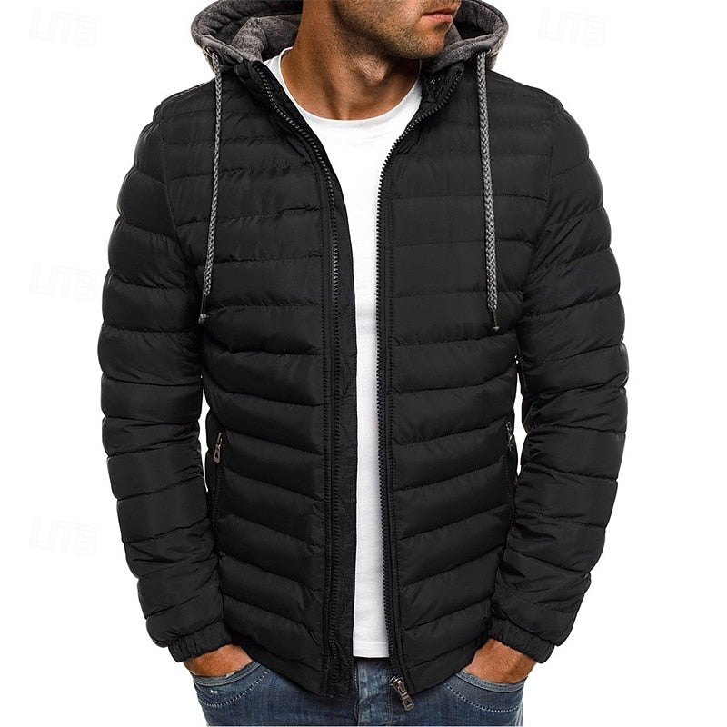 Hooded Puffer Jacket Men's Quilted Zip-Up – Casual Winter Coat, Warm Outdoor Wear
