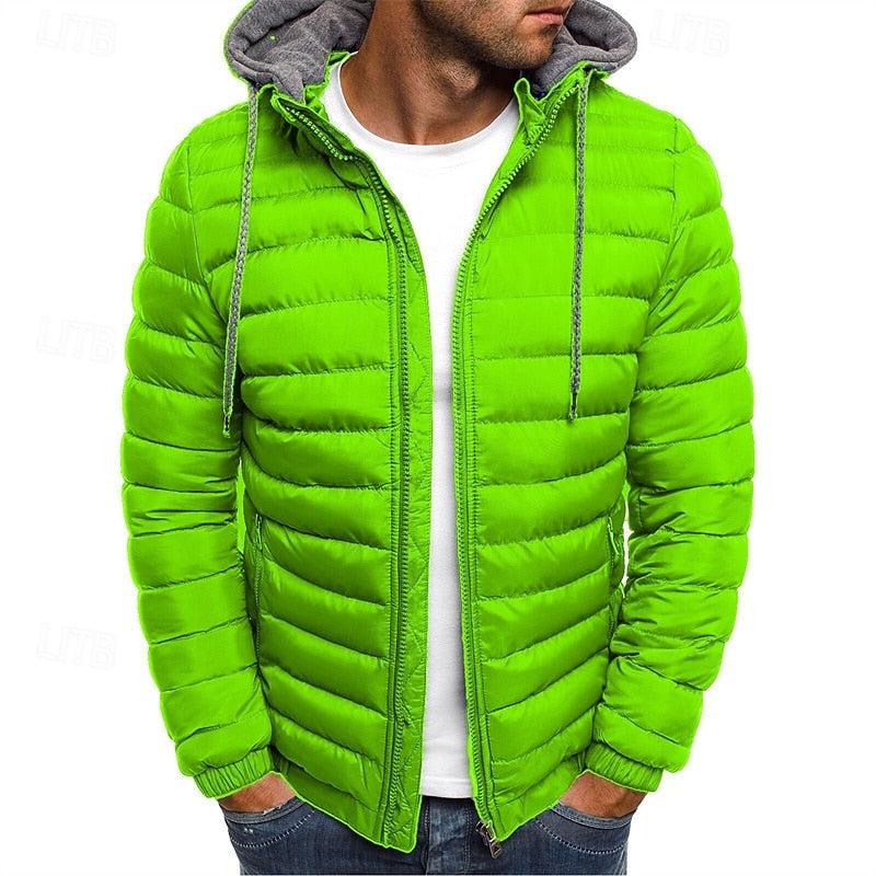 Hooded Puffer Jacket Men's Quilted Zip-Up – Casual Winter Coat, Warm Outdoor Wear