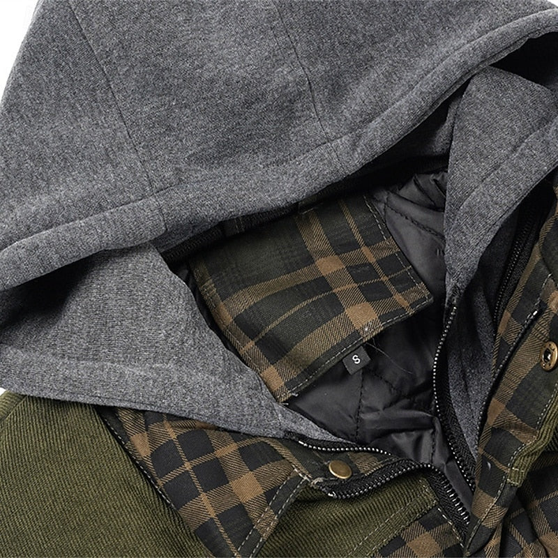 Hooded Quilted Gilet Men's Plaid Padded Vest with Corduroy Shoulders – Casual Winter Layering, Outdoor Wear
