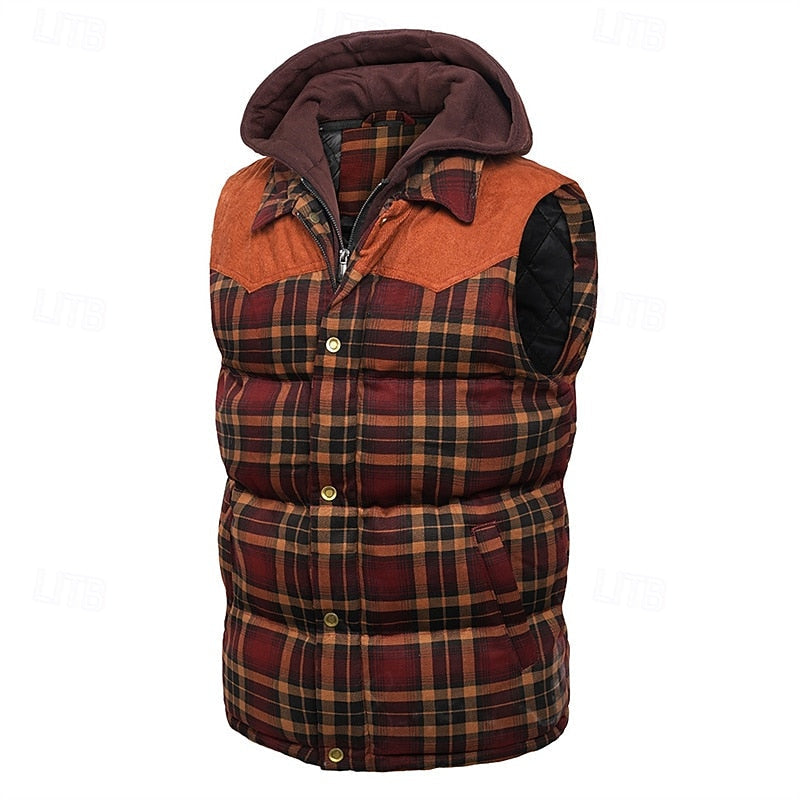 Hooded Quilted Gilet Men's Plaid Padded Vest with Corduroy Shoulders – Casual Winter Layering, Outdoor Wear