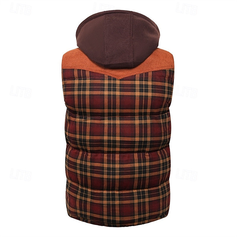 Hooded Quilted Gilet Men's Plaid Padded Vest with Corduroy Shoulders – Casual Winter Layering, Outdoor Wear