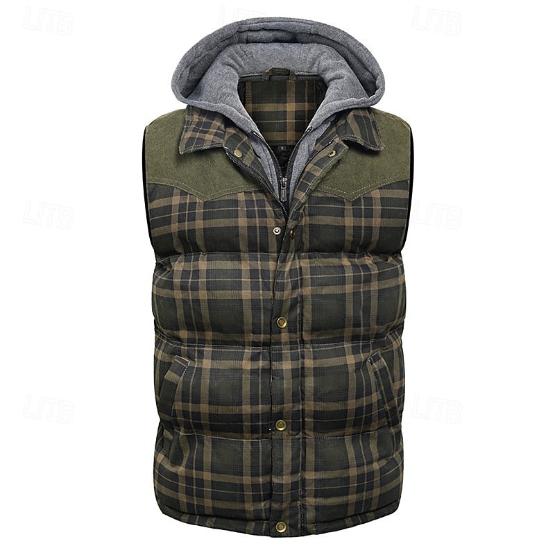 Hooded Quilted Gilet Men's Plaid Padded Vest with Corduroy Shoulders – Casual Winter Layering, Outdoor Wear