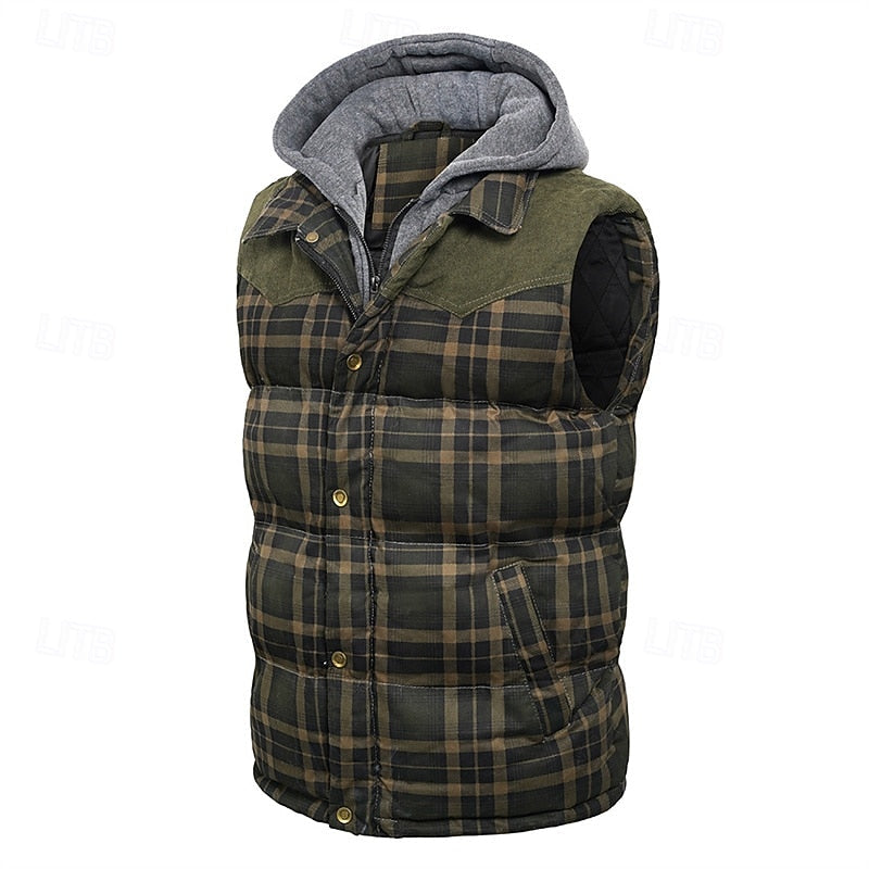 Hooded Quilted Gilet Men's Plaid Padded Vest with Corduroy Shoulders – Casual Winter Layering, Outdoor Wear