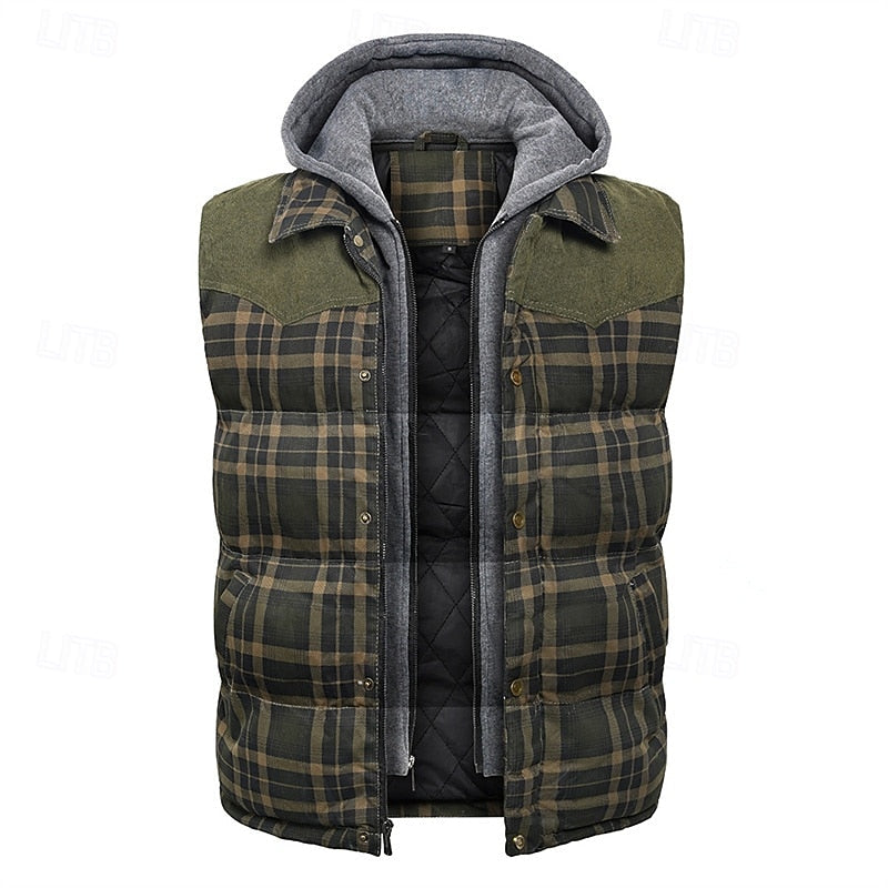 Hooded Quilted Gilet Men's Plaid Padded Vest with Corduroy Shoulders – Casual Winter Layering, Outdoor Wear