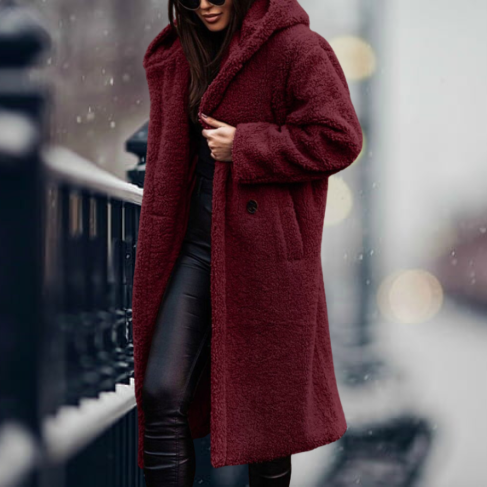 Hooded Teddy Coat Women's Long Fleece Navy – Casual, Winter