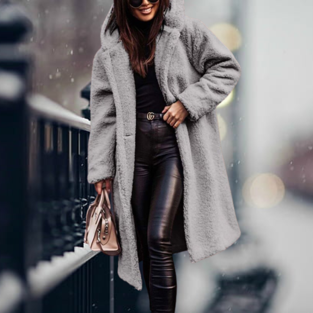 Hooded Teddy Coat Women's Long Fleece Navy – Casual, Winter