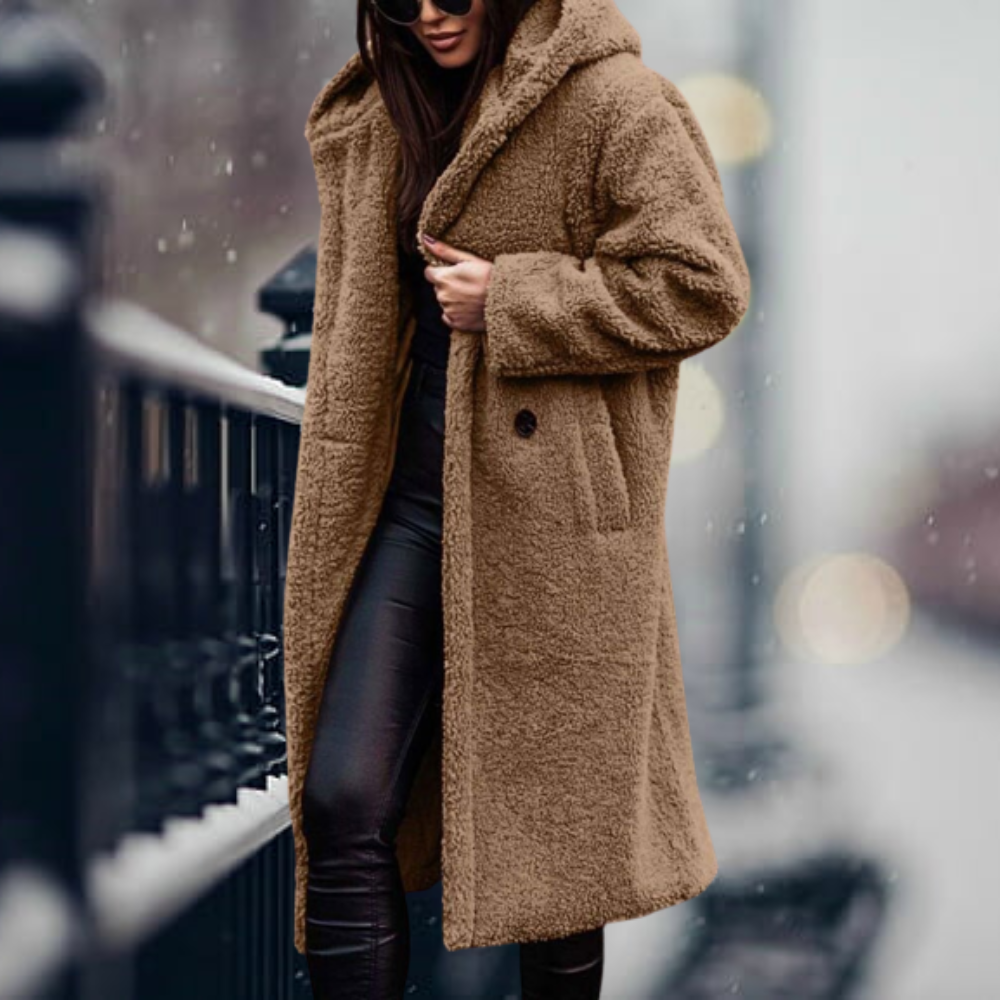 Hooded Teddy Coat Women's Long Fleece Navy – Casual, Winter