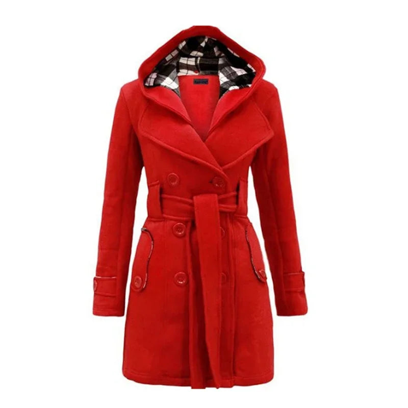 Beige Hooded Trench Coat Women's Belted Double-Breasted – Casual, Office