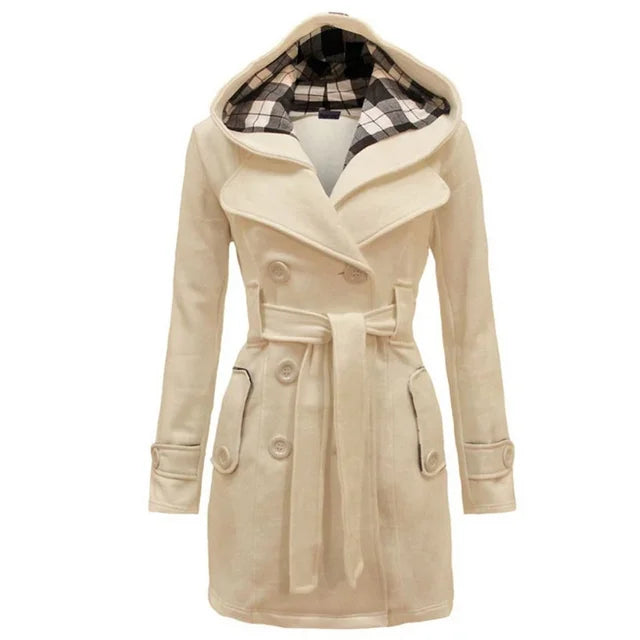 Beige Hooded Trench Coat Women's Belted Double-Breasted – Casual, Office