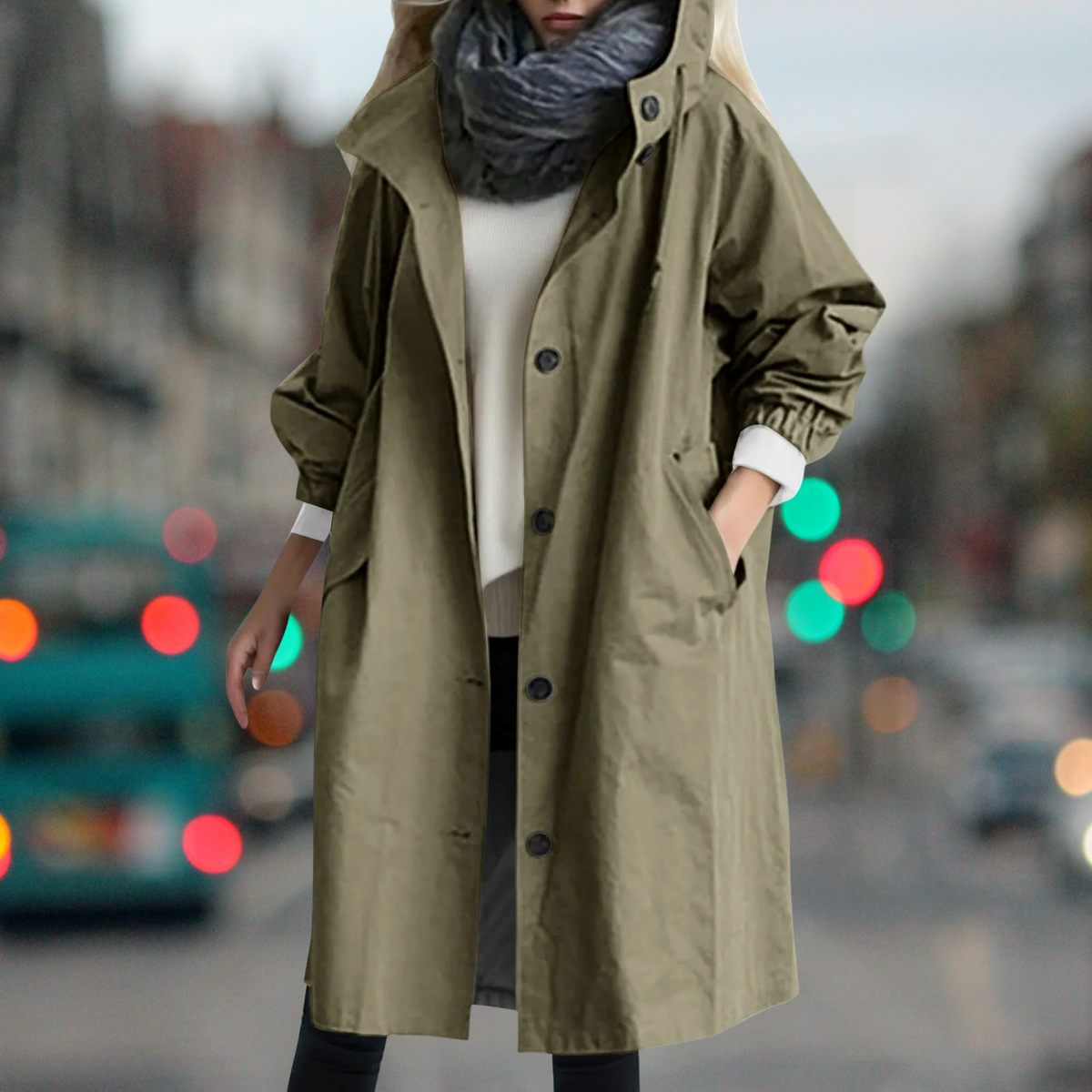 Hooded Trench Coat Women's Long Jacket with Pockets – Casual, Office