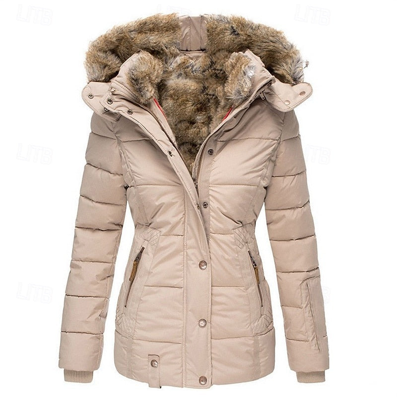Hooded Winter Jacket Women's Faux Fur Trim Black Padded Coat – Casual, Warm Outdoor Wear