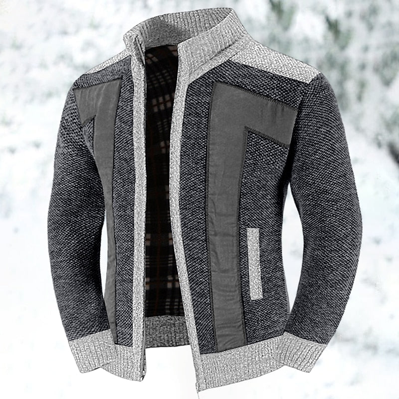Knit Zip-Up Cardigan Men's Fleece-Lined Color Block Sweater Jacket – Casual, Winter Wear