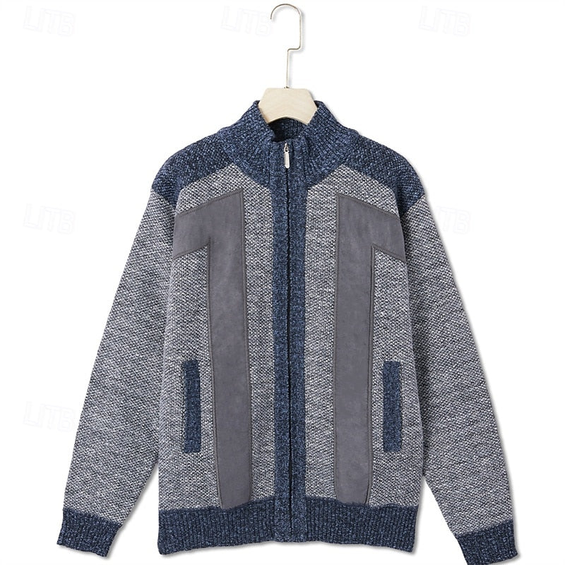 Knit Zip-Up Cardigan Men's Fleece-Lined Color Block Sweater Jacket – Casual, Winter Wear