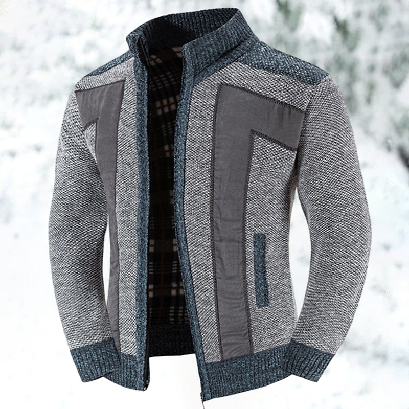 Knit Zip-Up Cardigan Men's Fleece-Lined Color Block Sweater Jacket – Casual, Winter Wear
