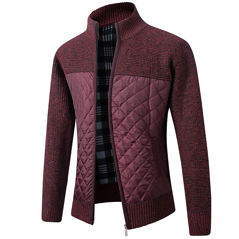 Knitted Zip-Up Cardigan Men's Quilted Fleece-Lined Jacket – Casual, Office