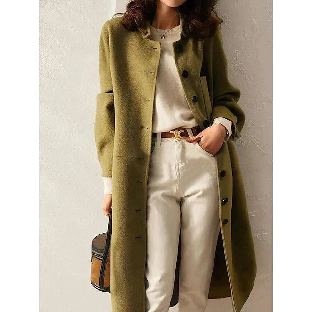 Long Coat Women's Wool Blend Olive Green with Pockets – Casual, Office