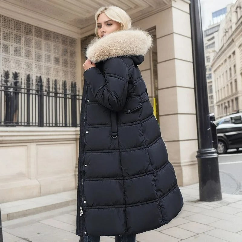 Khaki Long Puffer Parka Coat Faux Fur Hood – Winter, Casual