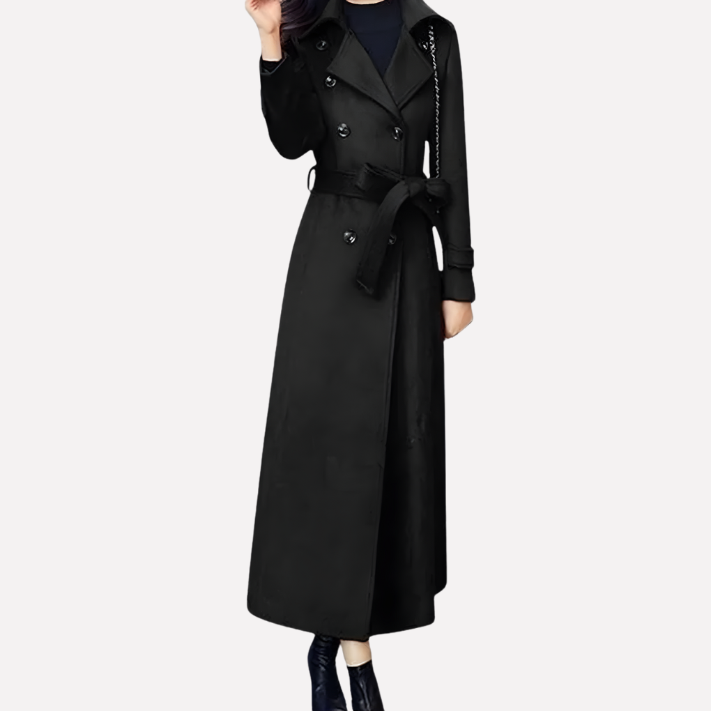 Damen Lange Trenchcoat Schwarz Doppelreihig mit Gürtel – Casual, Büro, Geschenk