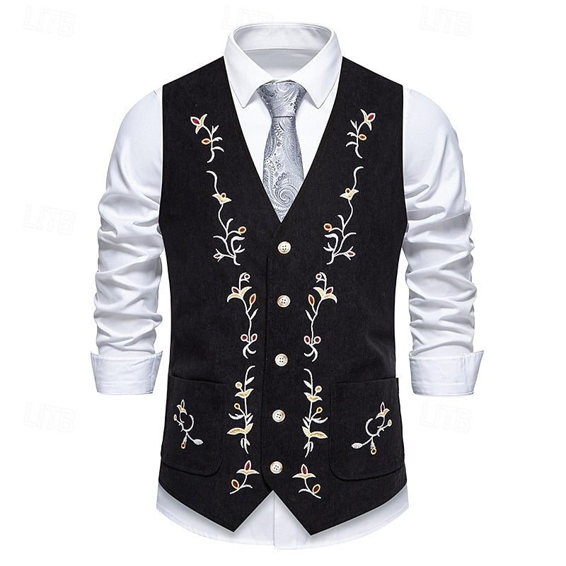 Men's Waistcoat Floral V-Neck Brown – Casual, Office