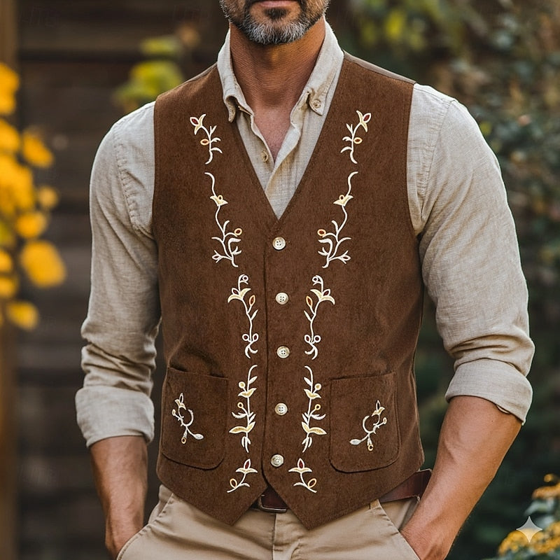 Men's Waistcoat Floral V-Neck Brown – Casual, Office
