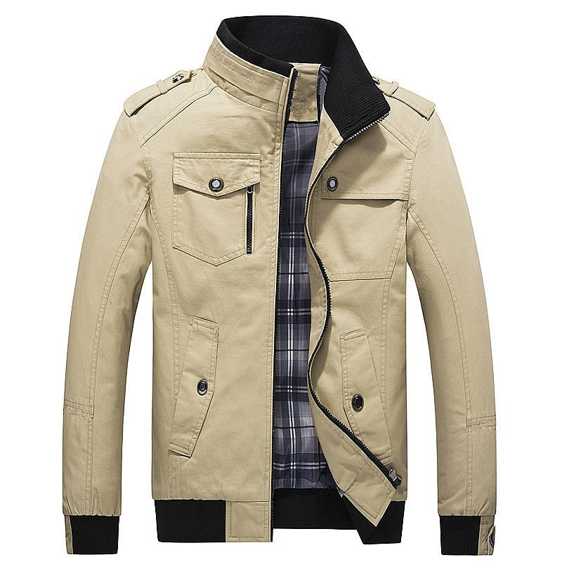 Men's Field Jacket Cotton with Stand Collar & Multiple Pockets – Casual, Office