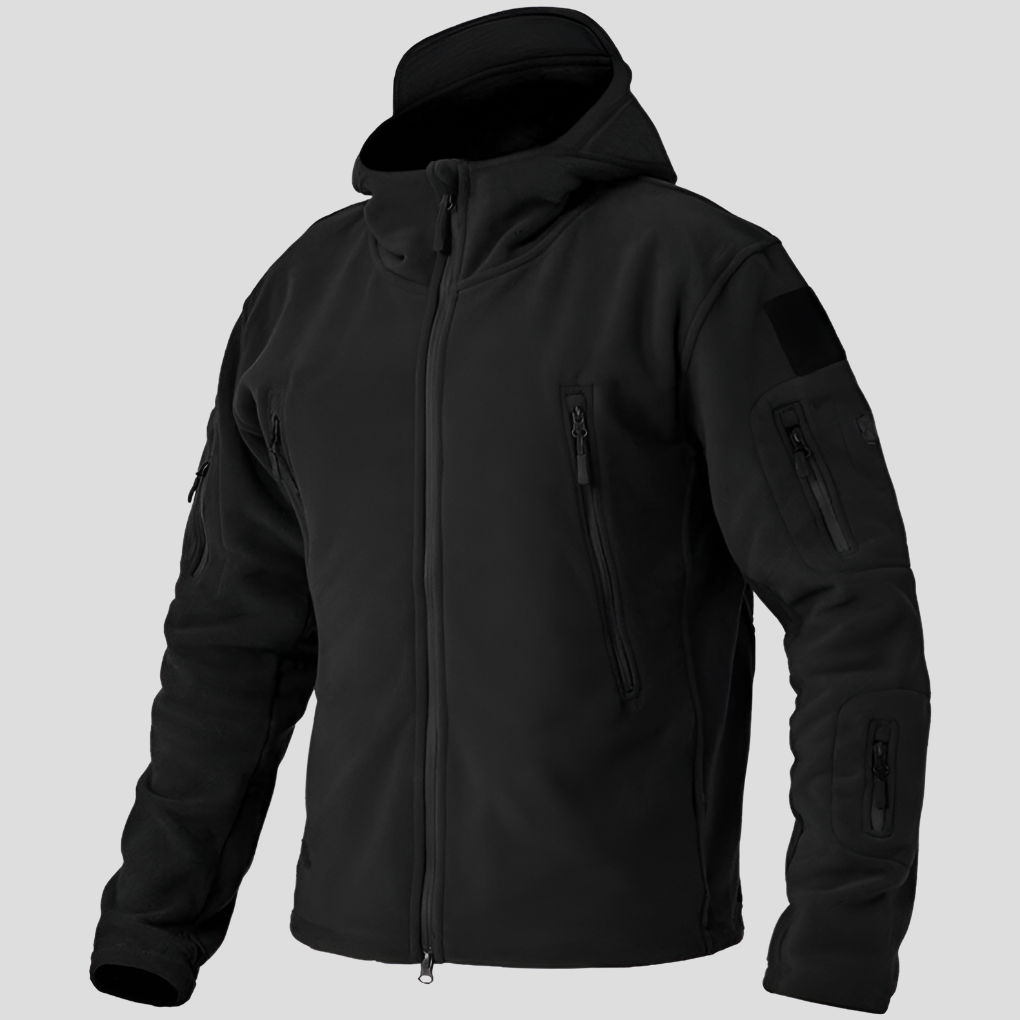 Men's Fleece Jacket Black Full-Zip Multi-Pocket – Casual, Outdoor