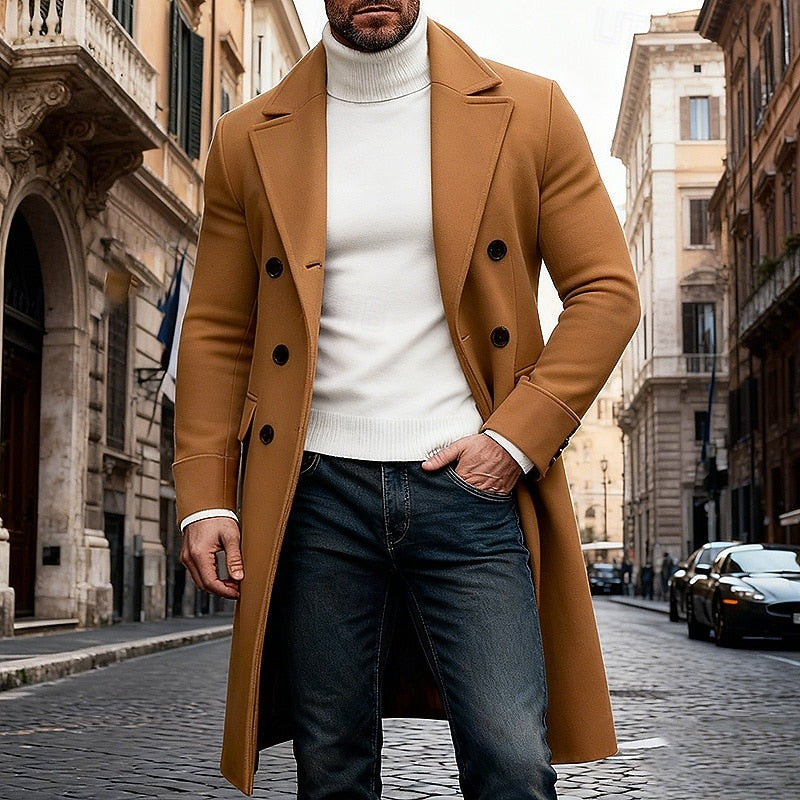 Men's Long Double-Breasted Lapel Trench Coat – Office, Casual