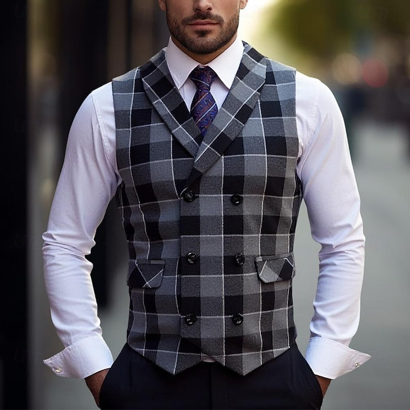 Men's Plaid Waistcoat V-Neck Double-Breasted Brown Navy – Office, Wedding