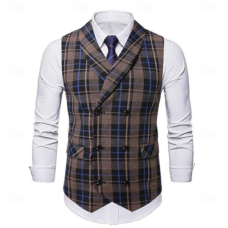Men's Plaid Waistcoat V-Neck Double-Breasted Brown Navy – Office, Wedding