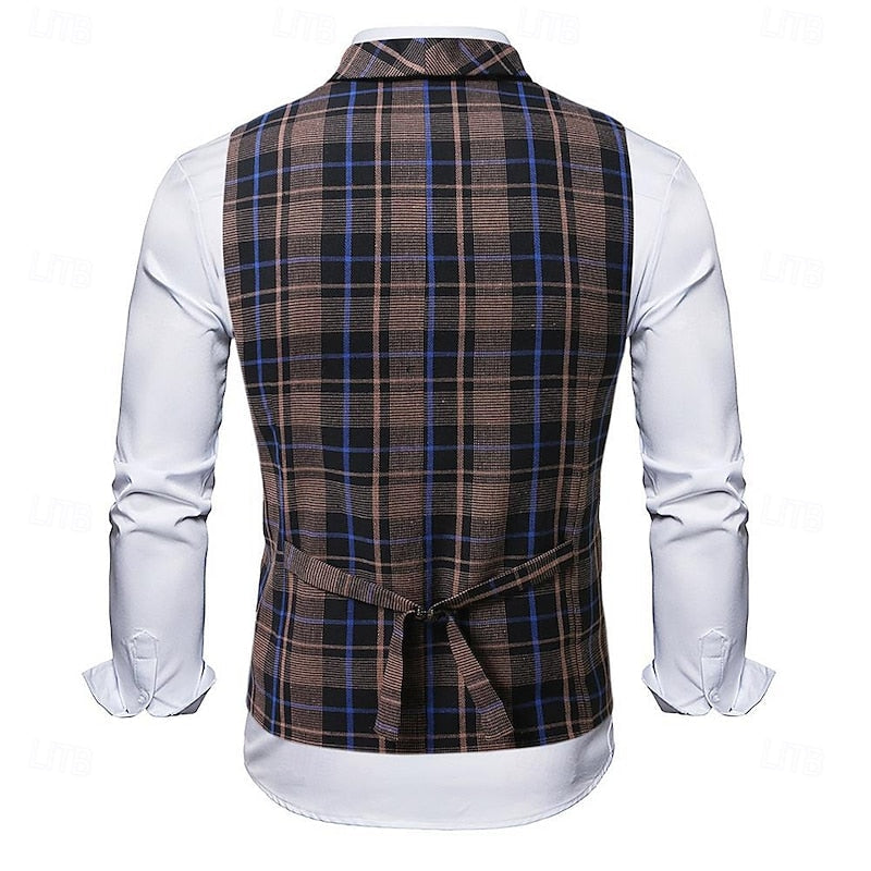Men's Plaid Waistcoat V-Neck Double-Breasted Brown Navy – Office, Wedding