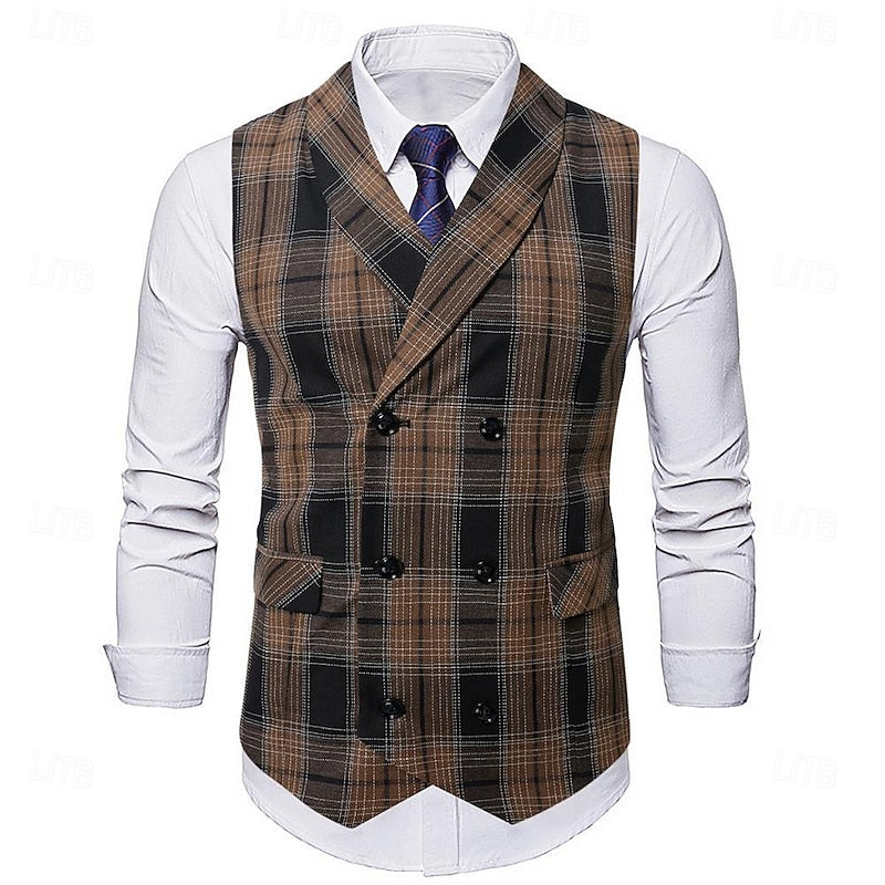 Men's Plaid Waistcoat V-Neck Double-Breasted Brown Navy – Office, Wedding