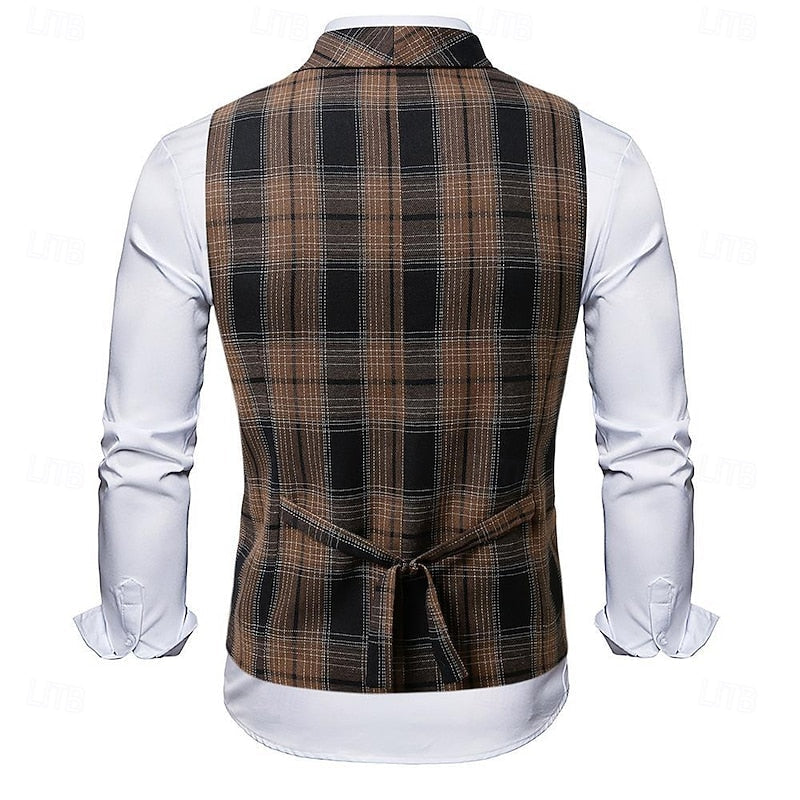 Men's Plaid Waistcoat V-Neck Double-Breasted Brown Navy – Office, Wedding